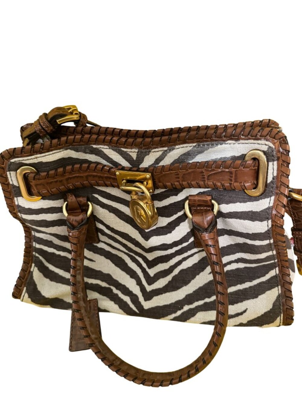 Michael Kors Hamilton Whipped Zebra Canvas Satchel Brown Leather Shoulder Bag - Picture 9 of 13